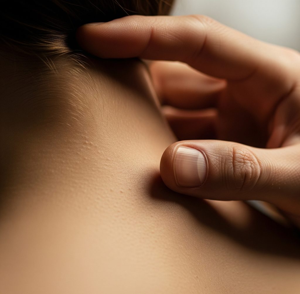 Close-up de uma mão masculina prestes a tocar o ombro de uma mulher, simbolizando preliminares e a construção da tensão.
