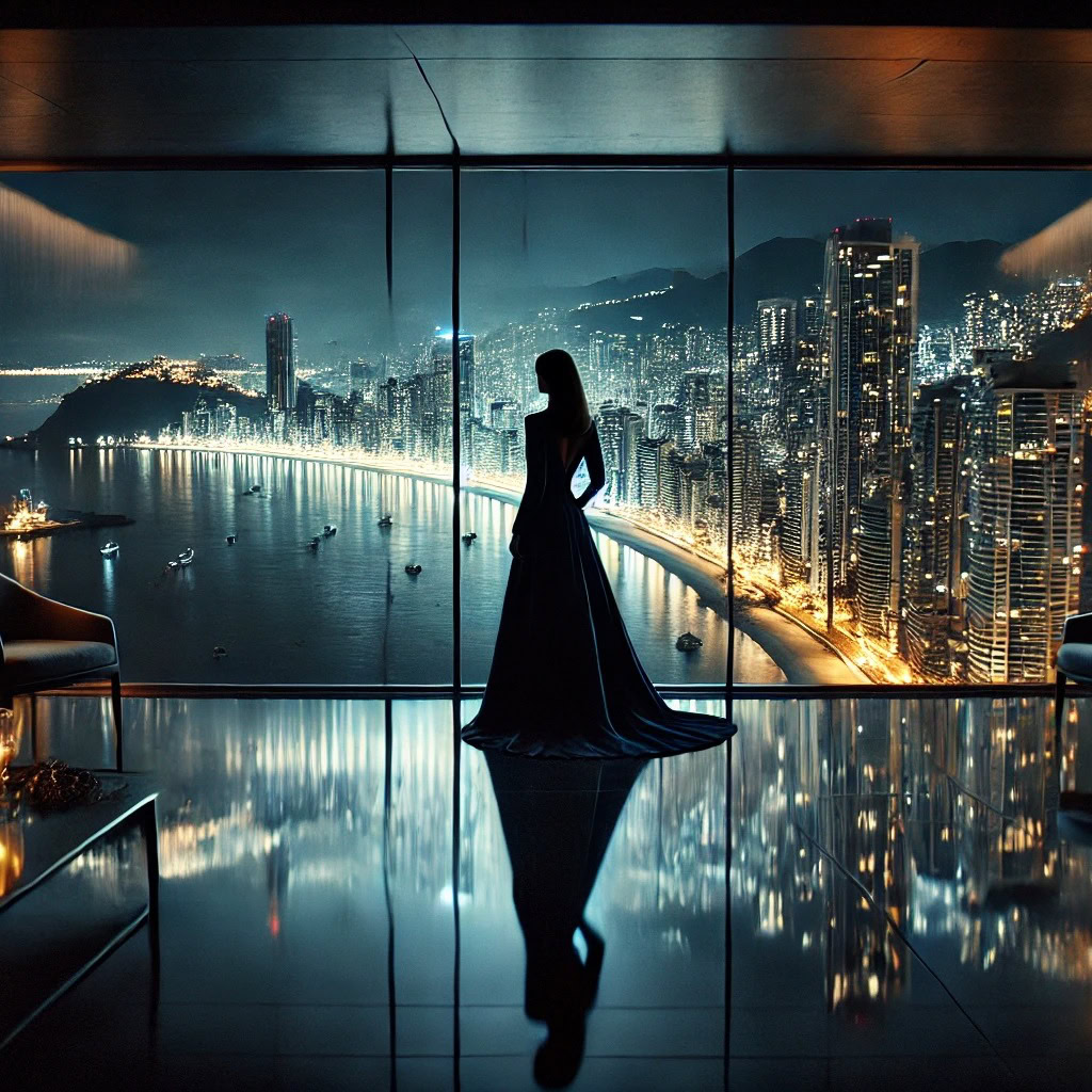 Silhueta de uma mulher elegante observa a vista panorâmica de Balneário de sua suíte, onde o reflexo do poder da cidade espelha-se no chão de mármore.