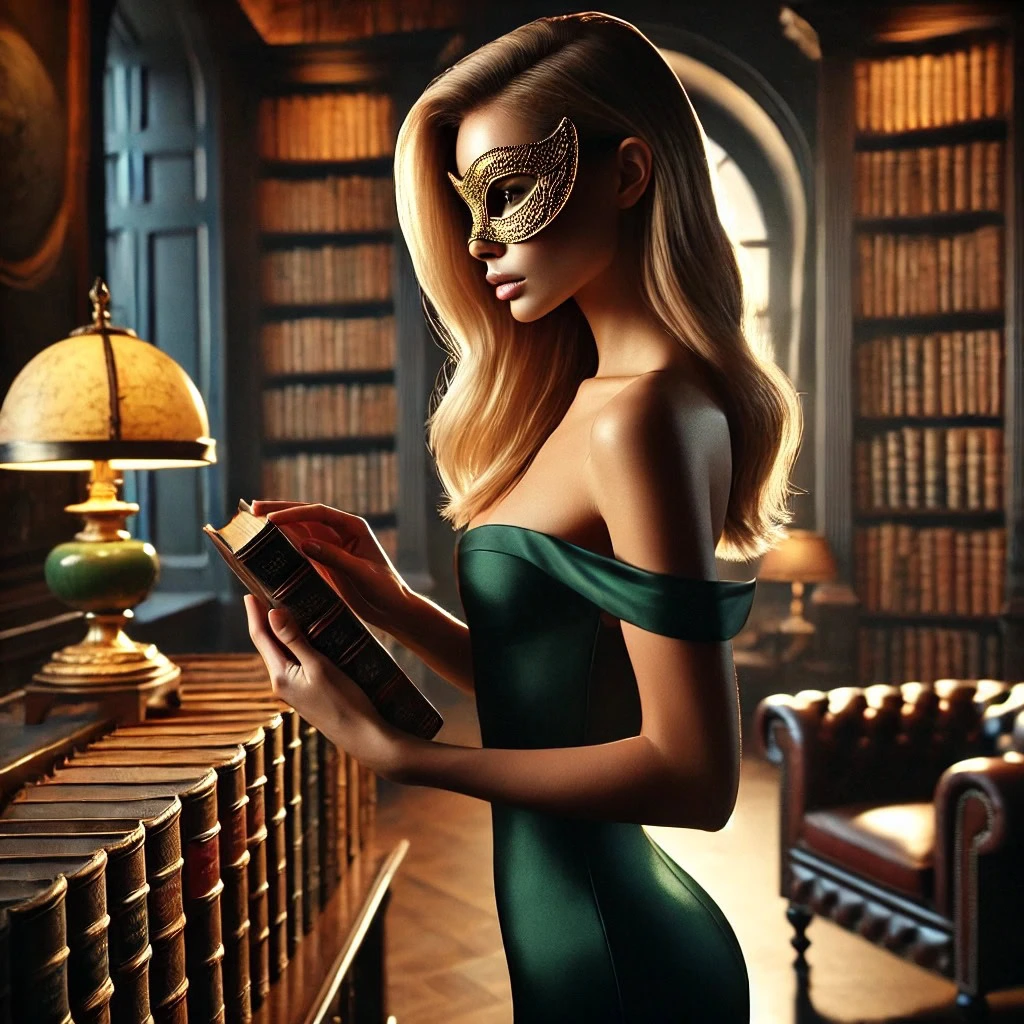 Isa, uma acompanhante de luxo, em uma biblioteca sofisticada, demonstrando o valor do seu capital intelectual e cultural.