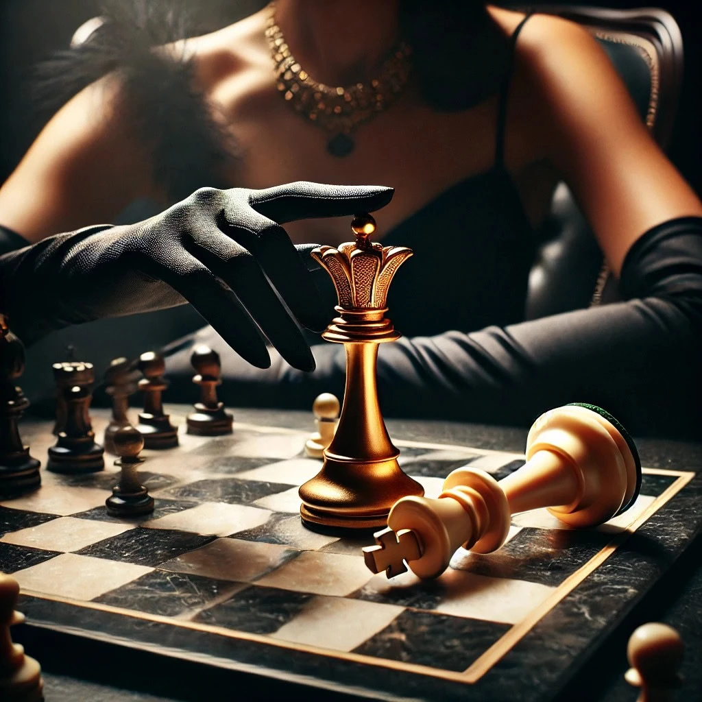 A peça de xadrez da rainha dando o xeque-mate, simbolizando a vitória da estratégia, inteligência e poder no universo do branding de luxo digital.