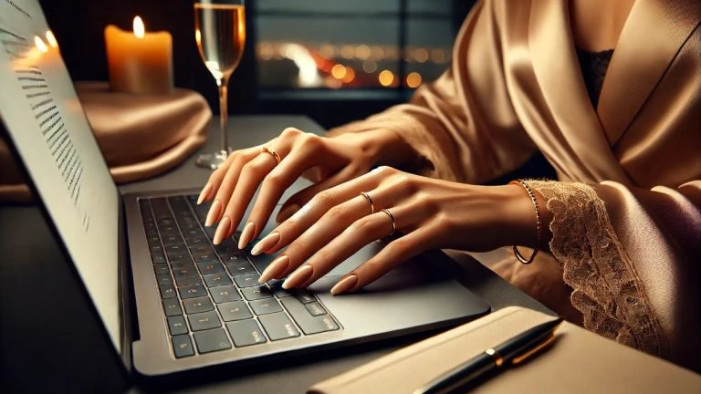 mãos femininas em seda dourada ao laptop, acompanhante de luxo virtual preparando a videochamada com privacidade e elegância