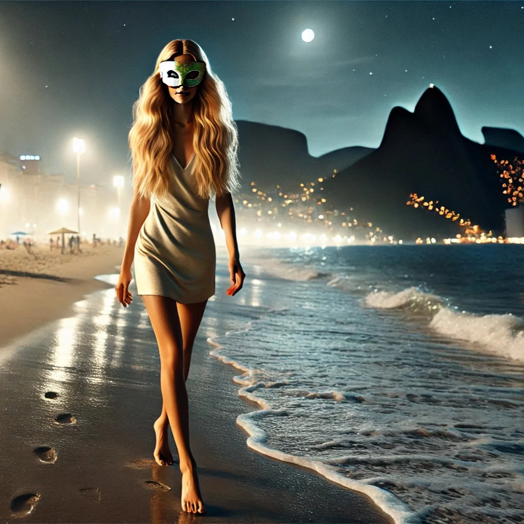 Acompanhantes de luxo no Rio de Janeiro caminhando à noite na praia com atmosfera elegante
