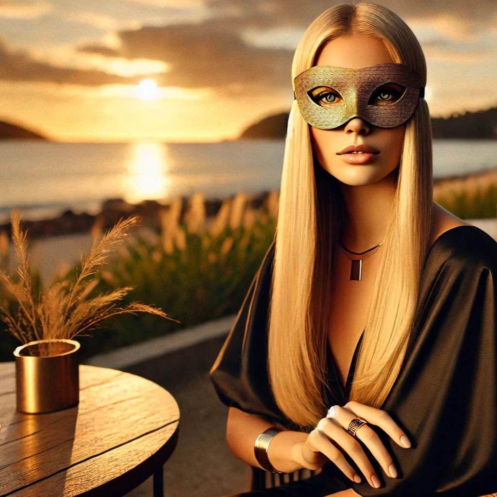 acompanhantes de luxo em Florianópolis - elegância discreta em Jurerê Internacional ao pôr do sol, vestido de seda, joias finas e vista do mar