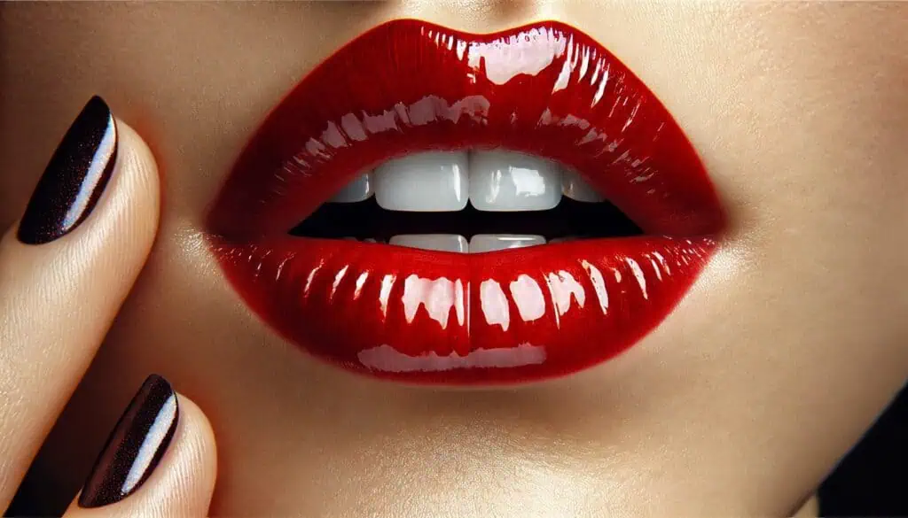 Detalhe de boca com batom vermelho brilhante e unhas escuras, usada para ilustrar massagem erótica, toque consciente e erotismo sofisticado.