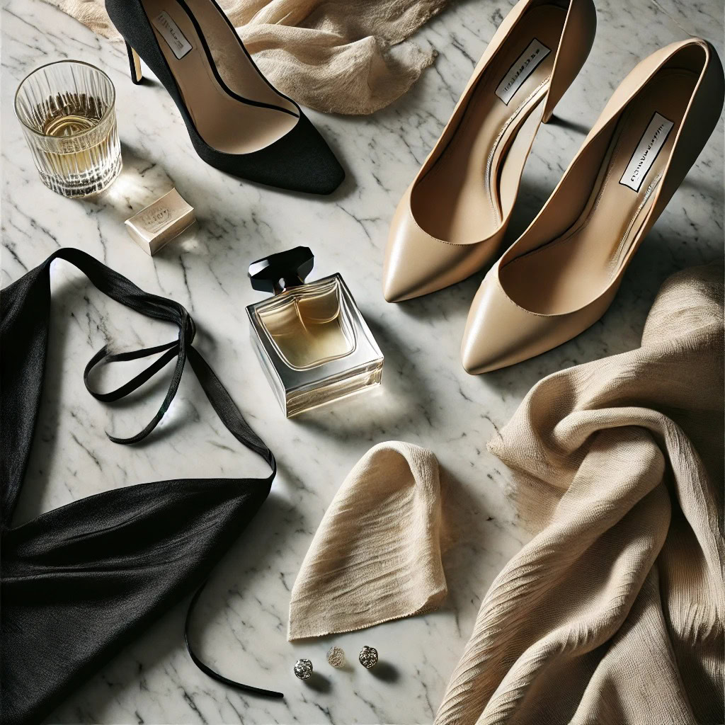 Flat lay de closet cápsula elegante com vestido preto, salto nude e perfume sofisticado, mostrando estilo essencial para quem deseja aprender como se tornar acompanhante de luxo.