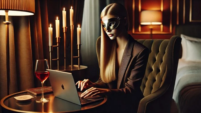 Mulher profissional em um ambiente elegante, demonstrando como vender conteúdo adulto com estratégia e sofisticação a partir de um laptop.