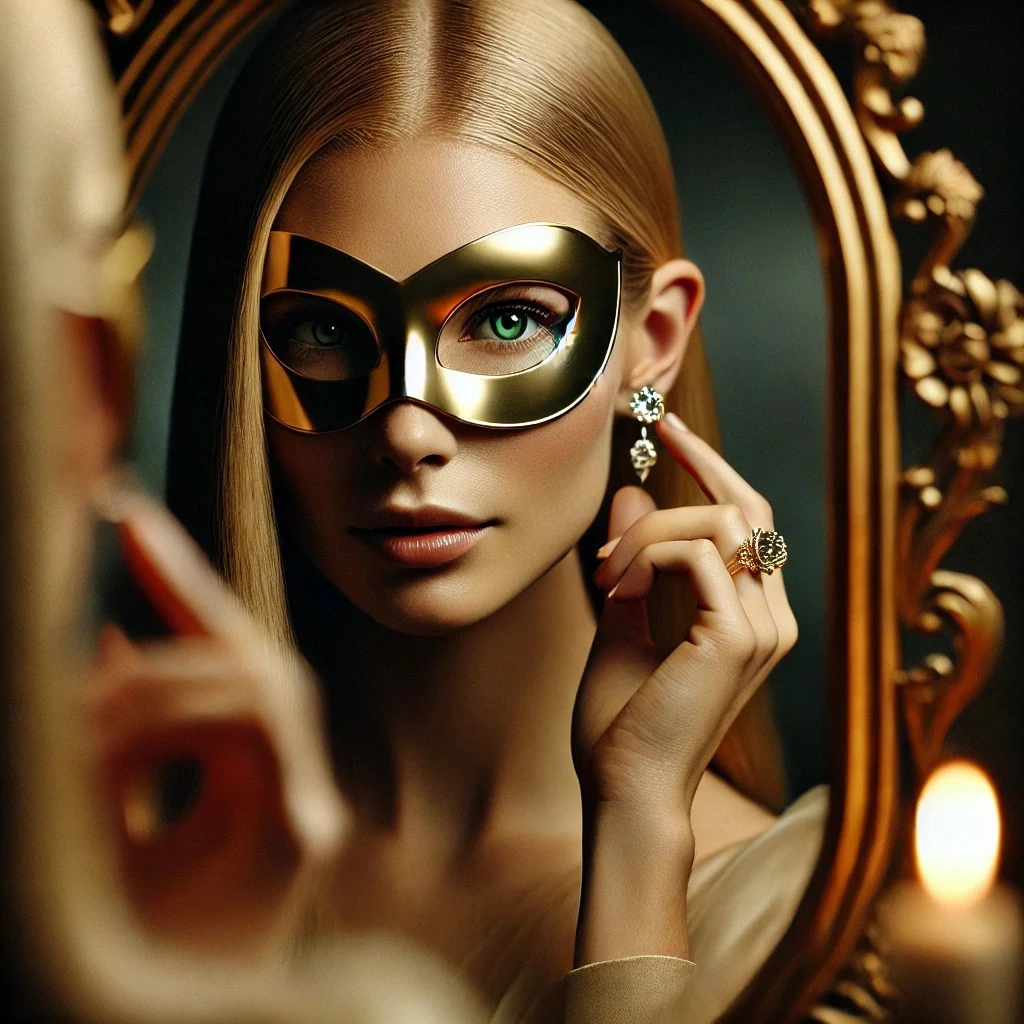 Mulher loira observando-se no espelho com expressão suave e olhar atento, simbolizando como o desejo sexual feminino está ligado à autoestima e à percepção de si mesma.