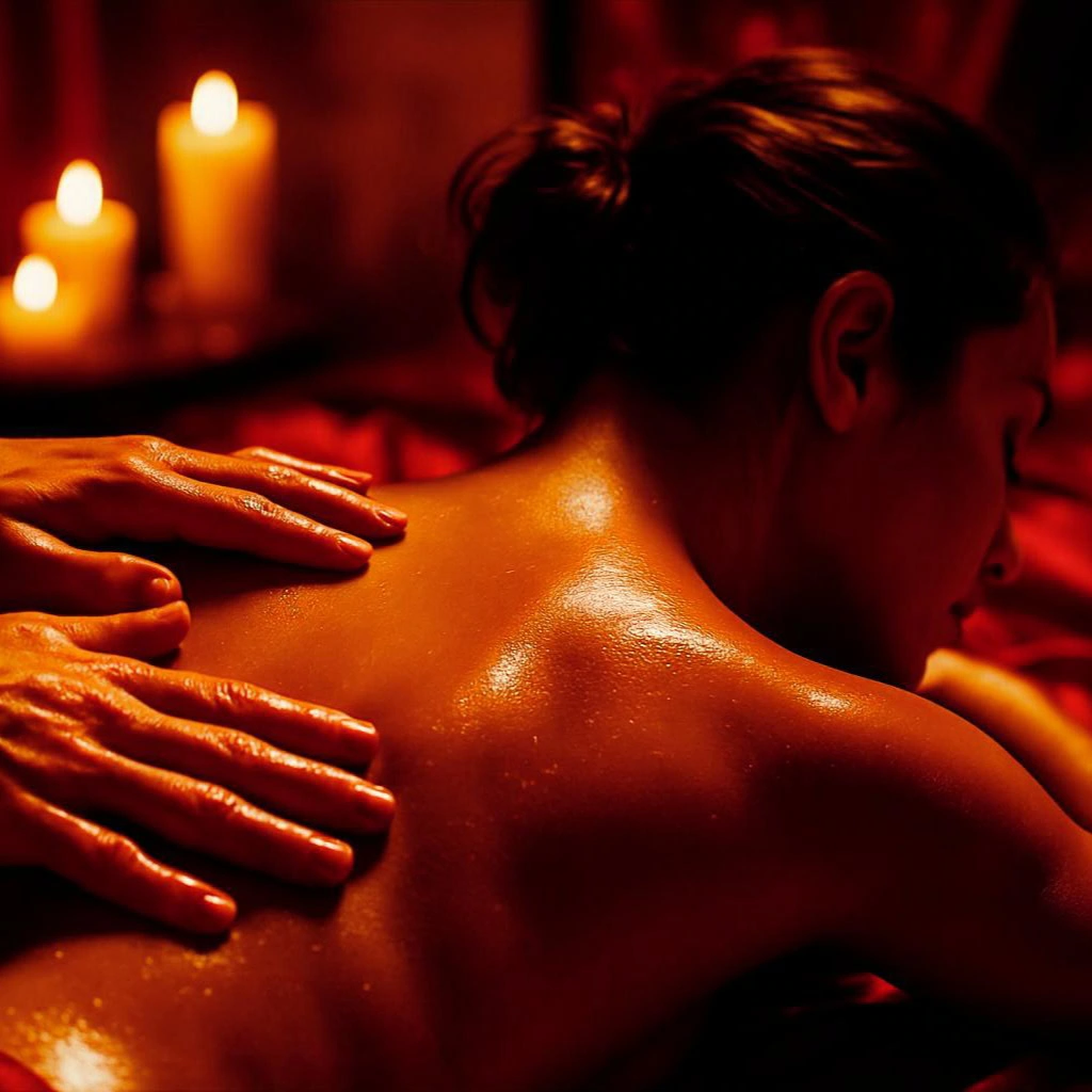 Mulher deitada recebendo massagem nas costas com óleo, ambiente de velas e seda vermelha, sugerindo preparação para dupla penetração.