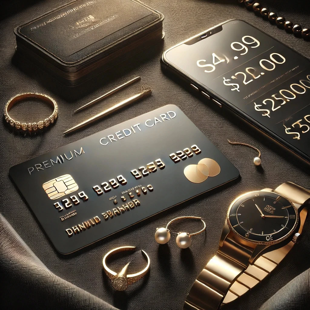 Flatlay elegante com cartão de crédito premium, joias discretas e celular exibindo preços - representação visual do luxo digital e posicionamento exclusivo.