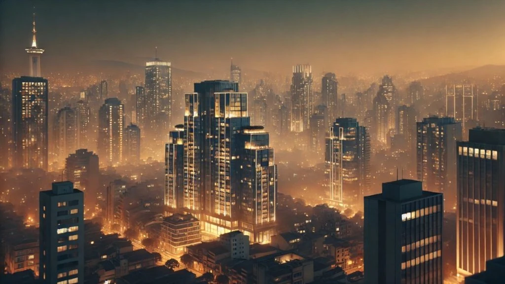 Guia de acompanhantes de luxo no Brasil: panorama noturno de cidade brasileira com prédios de alto padrão e atmosfera sofisticada.