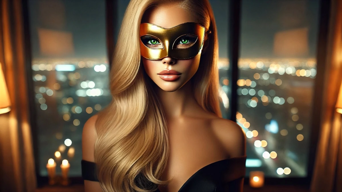 Isa, a personificação da elegância irresistível e do desejo, com olhos verdes hipnotizantes e cabelos loiros sedosos, a visão suprema dos fetiches masculinos.