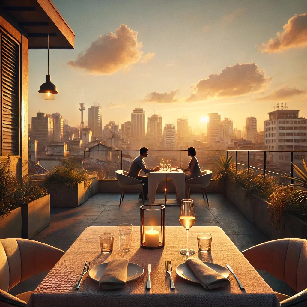Cena íntima em rooftop de São Paulo com mesa lateral, vela acesa e skyline ao fundo - melhores rooftops SP para encontros de luxo.