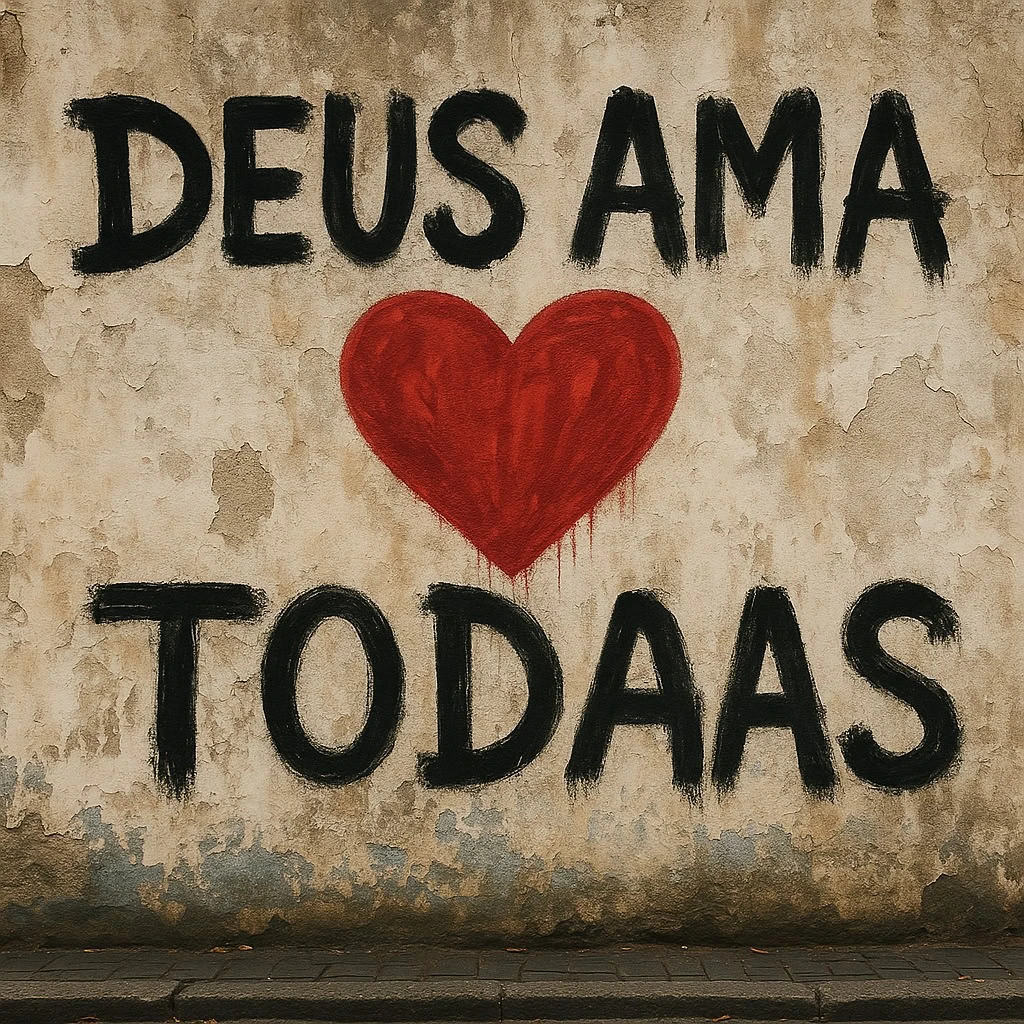 Mural urbano em parede de concreto com a frase “Deus ama todas” escrita em pichação preta, evocando resistência, fé e empatia nas margens da cidade.