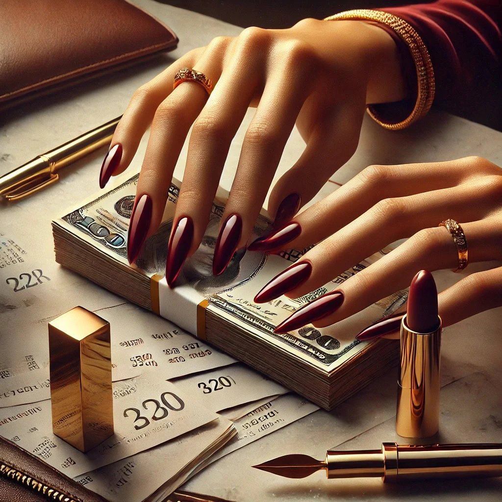 Mãos femininas elegantes com unhas longas e afiadas em tom vermelho, contando dinheiro sobre mesa de mármore com contas e acessórios de luxo ao redor, ilustrando a realidade e bastidores da vida de acompanhantes de luxo.