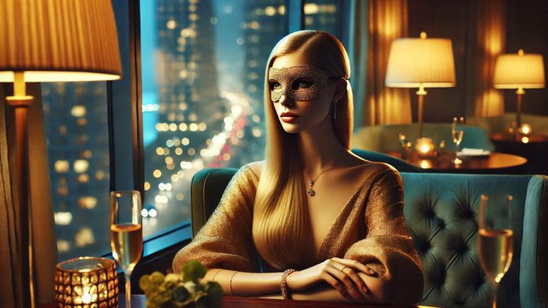 A realidade das acompanhantes de luxo é ilustrada por uma mulher loira, com olhar pensativo, em um vestido de noite elegante, sentada sozinha em uma suíte luxuosa.