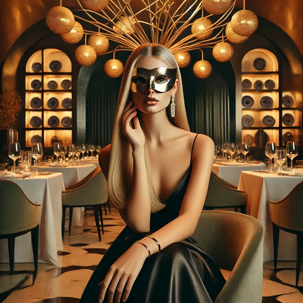 Mulher loira com máscara dourada, sentada à mesa no restaurante Maria Antonieta em Maceió, representando a elegância e a discrição de acompanhantes de luxo em Maceió.