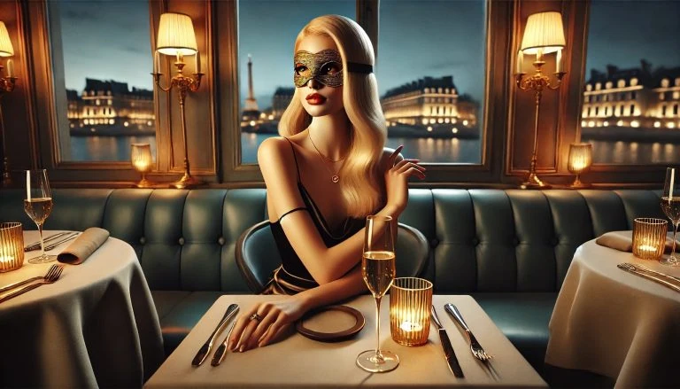 Como ser acompanhante de luxo na Europa - Isa em mesa reservada com vista noturna de Paris