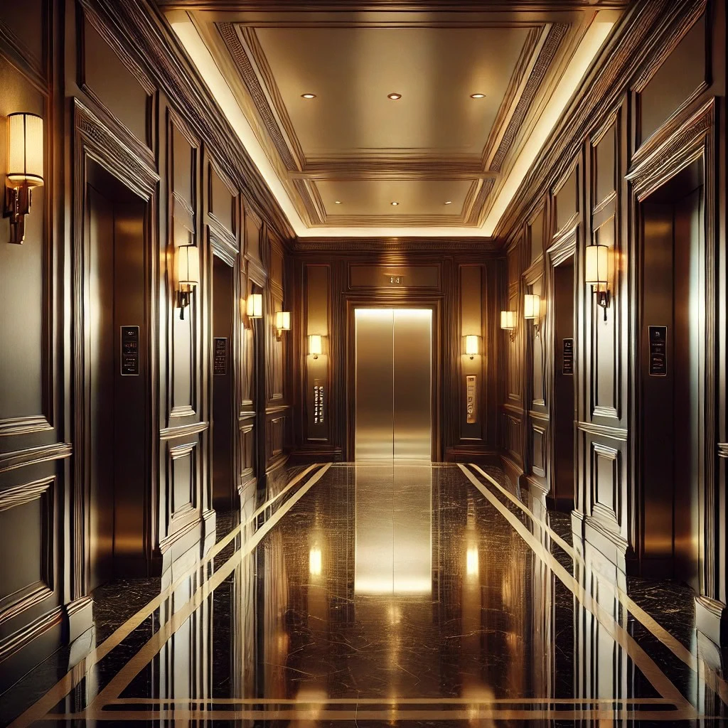 Corredor de hotel 5 estrelas no Rio de Janeiro com iluminação baixa e acesso reservado - discrição e logística premium.
