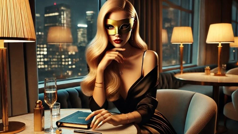 Definir Preço de Acompanhante de Luxo: em lounge de hotel, mulher elegante sentada à mesa de mármore com caderno de couro e caneta-tinteiro, cidade desfocada ao fundo