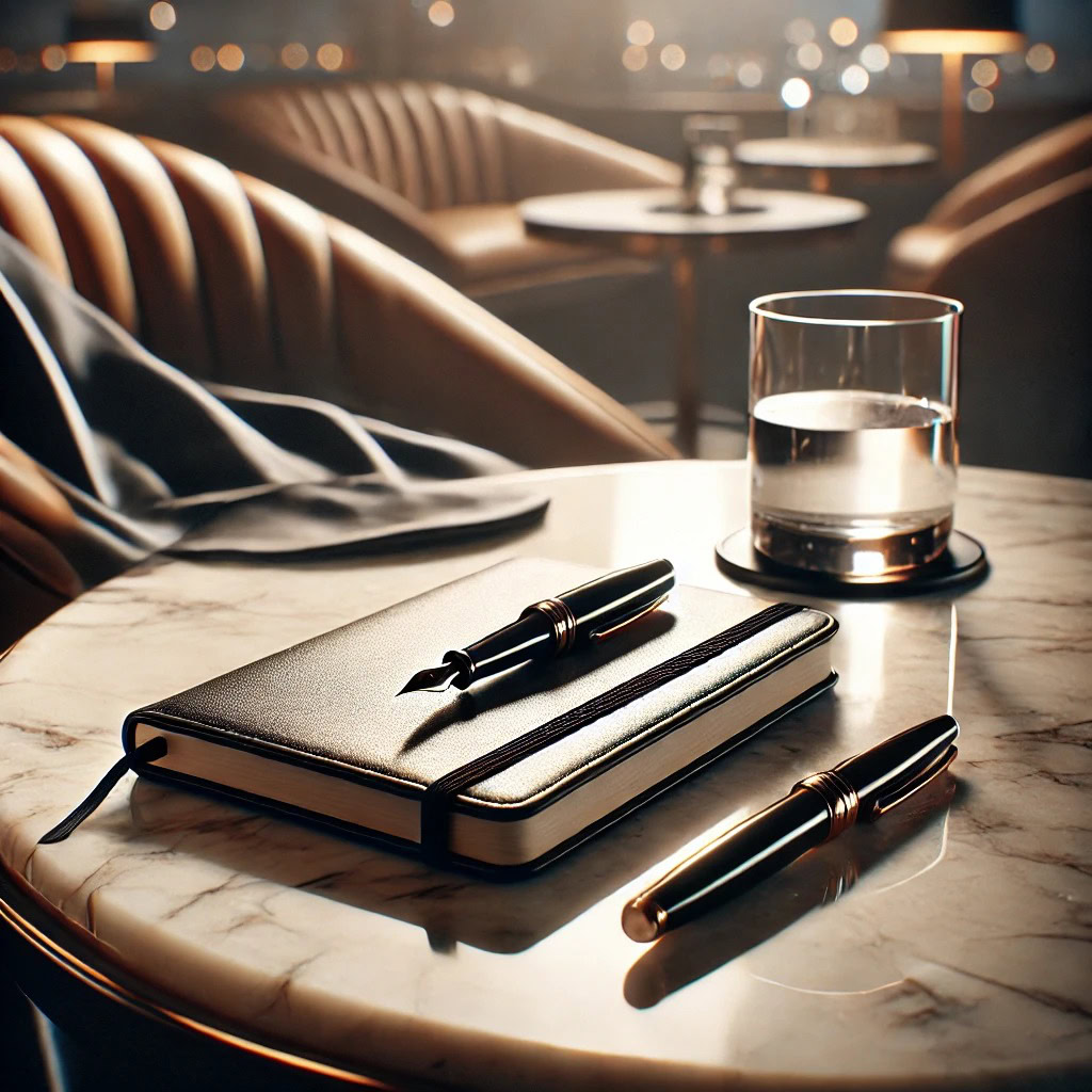 Mesa de mármore com caderno de couro fechado, caneta-tinteiro e taça baixa, representando Definir Preço de Acompanhante de Luxo com abordagem consultiva