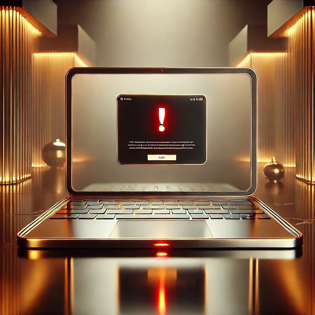 Erro digital sinalizado em notificação vermelha sobre laptop elegante em mesa de luxo, simbolizando risco à reputação online