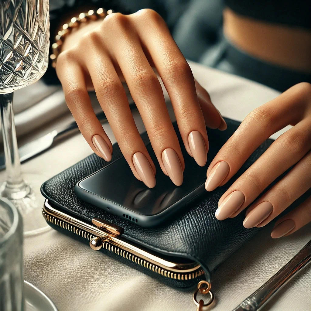 Etiqueta em restaurantes de luxo: mão feminina guardando o celular discretamente durante jantar sofisticado em São Paulo.