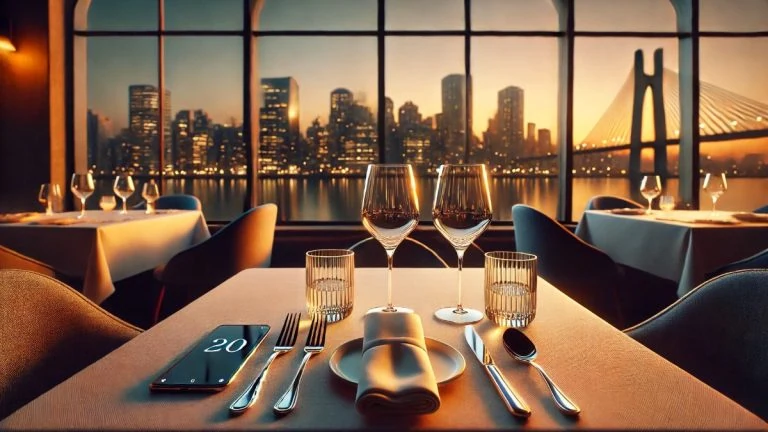 Etiqueta em Restaurantes de Luxo em São Paulo: taças de vinho sobre mesa elegante com vista para a Ponte Estaiada ao entardecer