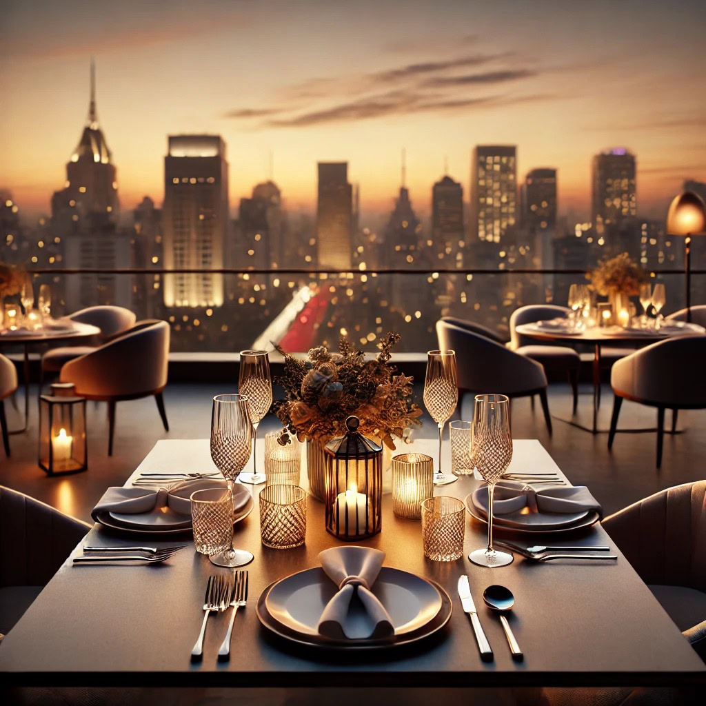 Mesa elegante em rooftop exclusivo de São Paulo ao entardecer, vista panorâmica da cidade e clima reservado para encontros especiais.