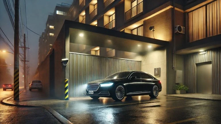 moteis discretos em sao paulo com entrada discreta; sedan preto acessando garagem com portão semiaberto, reflexos de chuva e ambiente urbano elegante