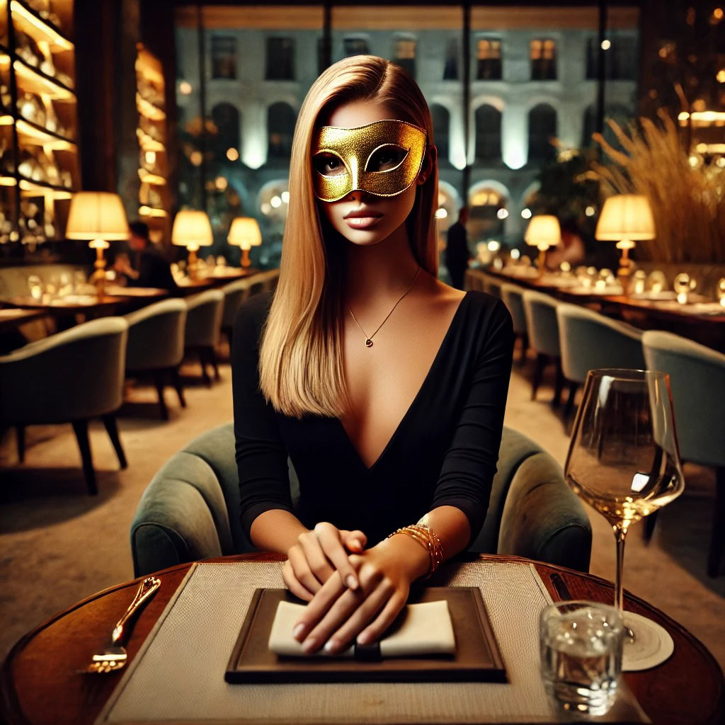 Mulher elegante sentada à mesa de restaurante de luxo em São Paulo, ambiente sofisticado e atmosfera discreta à noite.