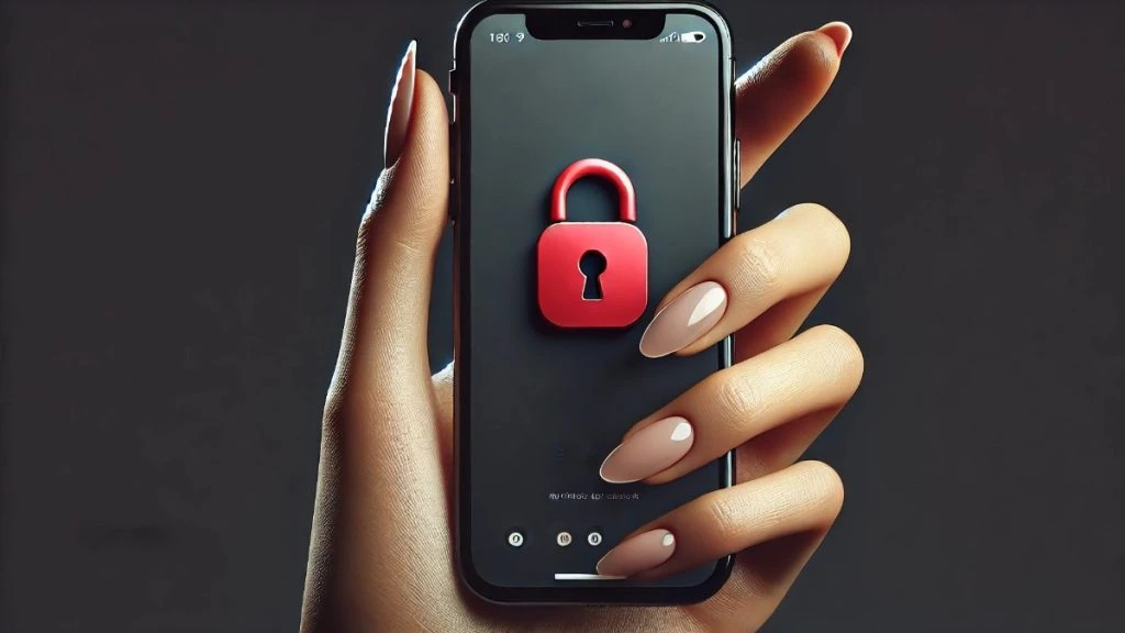 Reputação Digital para acompanhantes de luxo - mão feminina segurando cellular com cadeado vermelho na tela, sinal de segurança e discrição