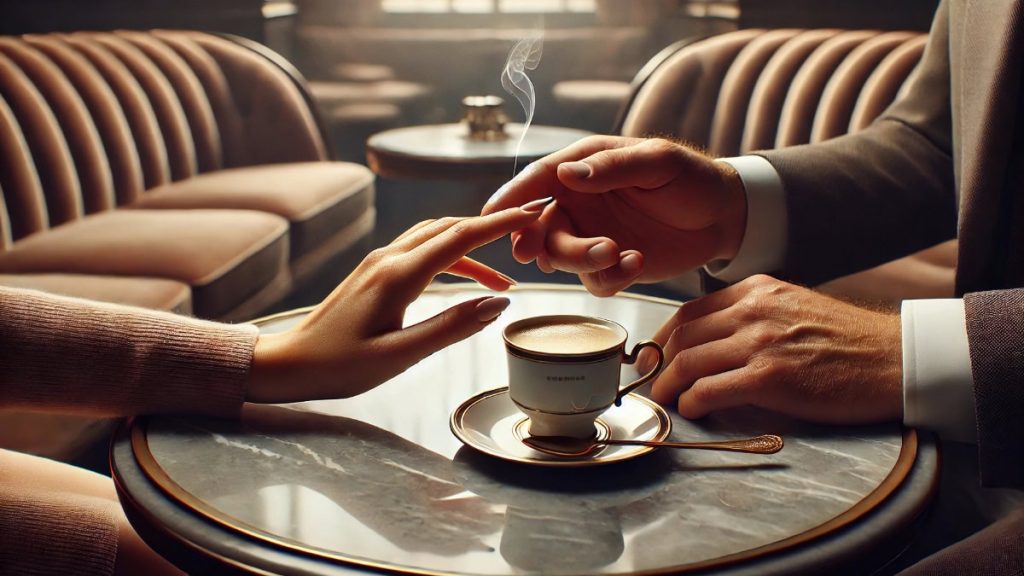 Mãos de acompanhante estilo namoradinha e cliente se tocando sobre xícara de café, simbolizando a conexão emocional e o carinho da experiência GFE em ambiente de luxo.