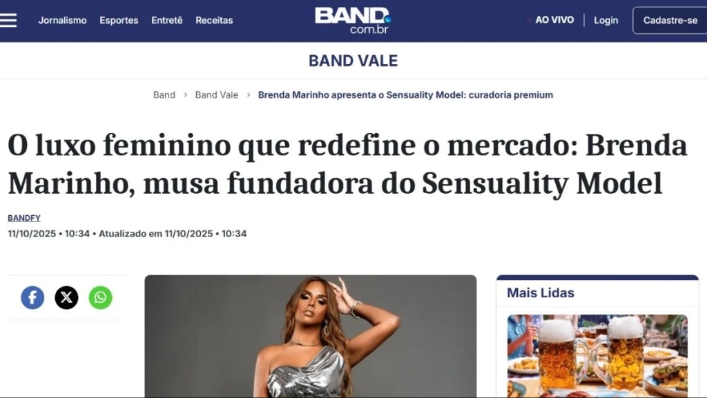 Matéria da Band sobre Brenda Marinho e Sensuality Model - capa e título.