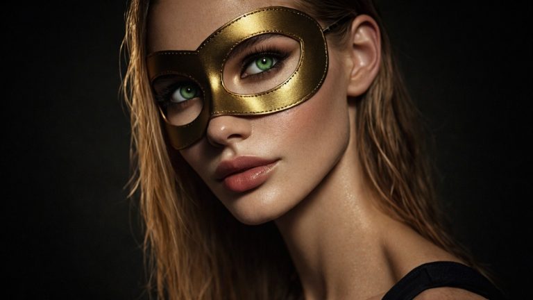 Máscara e Erotismo em foco: mulher ajustando máscara dourada em clima boudoir - luxo, anonimato e segurança.