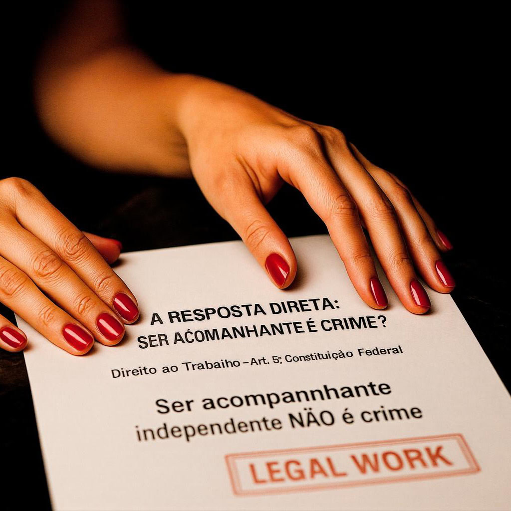 Mãos de uma mulher sobre um documento legal que discute os direitos da acompanhante, citando o Art. 5º da Constituição Federal e afirmando que não é crime.