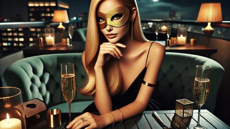 Acompanhante de luxo elegante em terraço sofisticado, com taças de champanhe e clima noturno, ilustrando estratégias de marketing para acompanhantes de luxo.