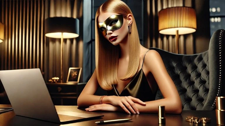 Profissional de luxo gerenciando seu perfil no portal de acompanhante Sensuality Model, que garante discrição e clientes de alto nível.