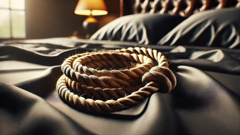 Corda de juta para shibari organizada na cama, com cabeceira acolchoada e luz amarela ao fundo