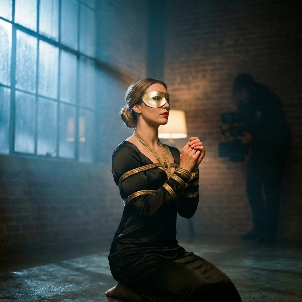 Cena cinematográfica de shibari com corda de juta envolvendo braços, postura calma e iluminação dramática ao fundo