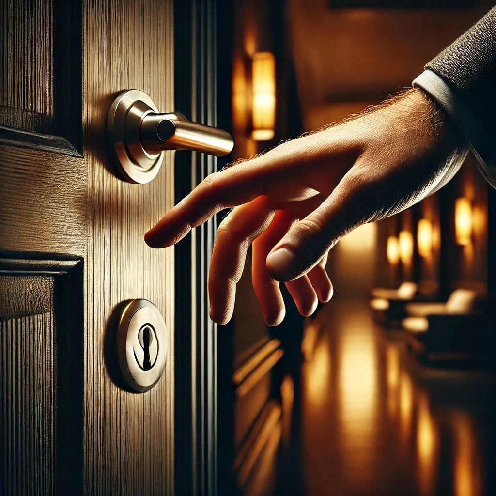 Mão de homem de sucesso fechando a porta de uma suíte de hotel de luxo, símbolo de discrição e escolha por acompanhantes de luxo