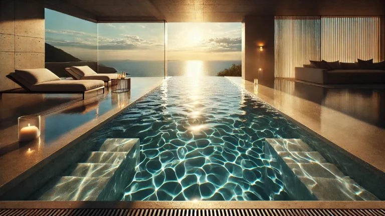 Suíte com piscina de borda infinita e vista para o mar ao pôr do sol, estilo dos Melhores Motéis de Luxo no Rio de Janeiro