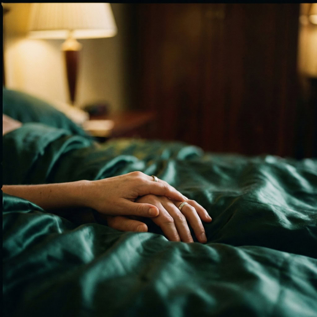 Close de mãos dadas em cama de hotel com lençóis luxuosos, imagem discreta sobre Posição 69, foco em intimidade e sintonia.