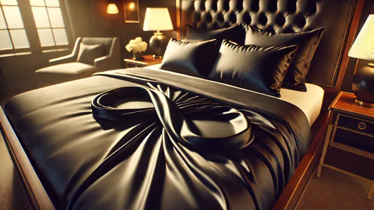 Lençóis pretos com dobras em infinito sobre cama sofisticada, imagem sensual discreta para Posição 69 e prazer simultaneo, iluminação cinematográfica e ambiente de luxo.