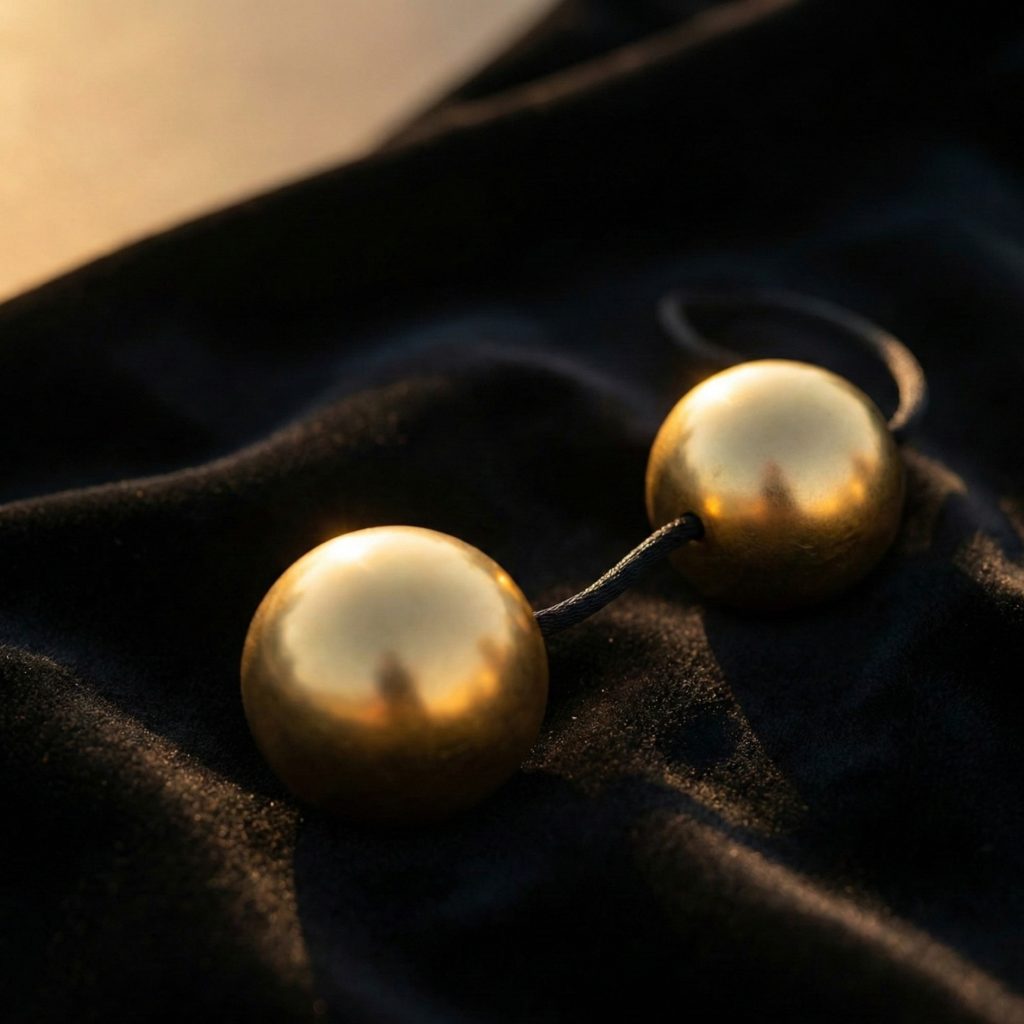 Bolinhas de Ben Wa douradas sobre veludo preto para treino de pompoarismo e fortalecimento.