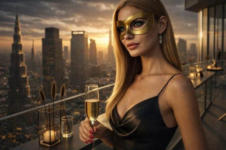 Isa ensina como ser acompanhante de luxo com elegância, em um rooftop de hotel sofisticado, usando máscara dourada e vestido preto.