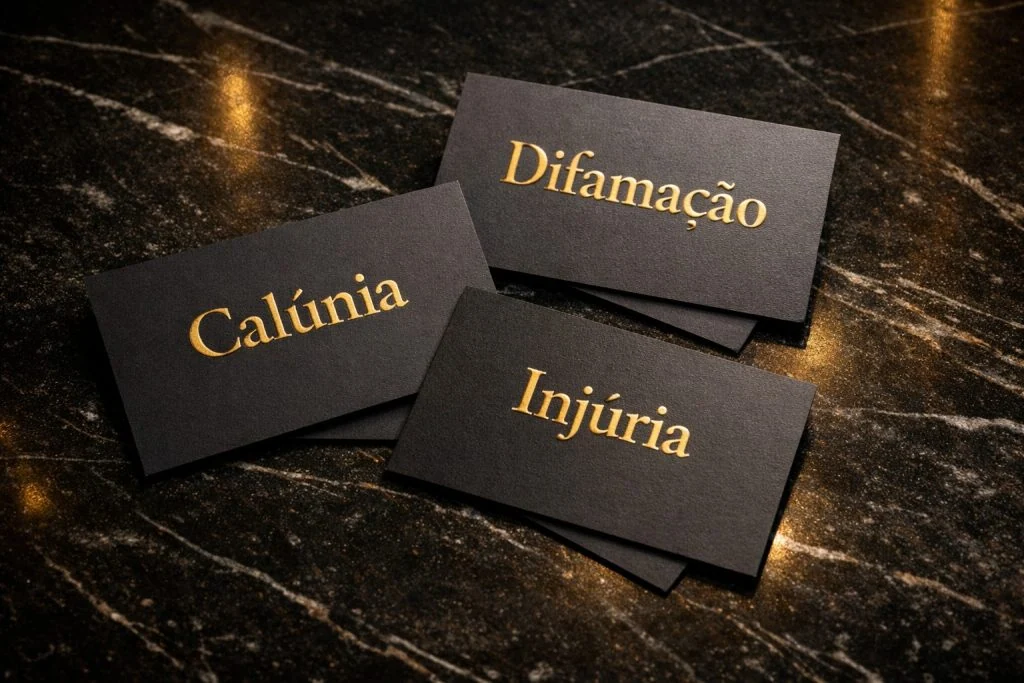 Cartões pretos com hot stamping dourado: calúnia, difamação e injúria em mesa de mármore.