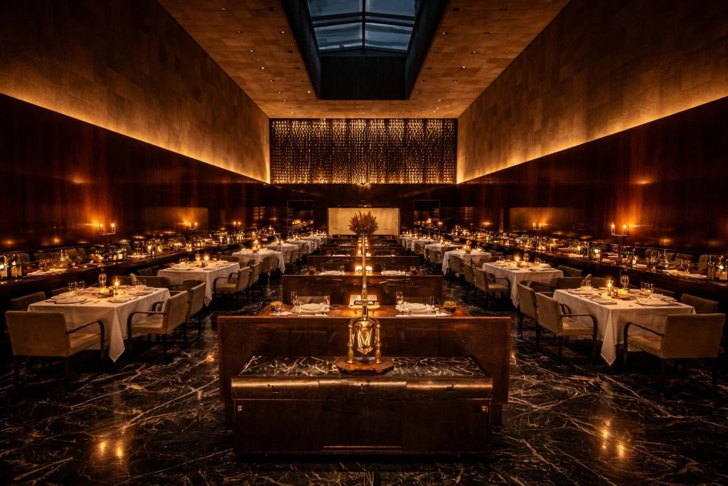 Restaurante do Fasano Rio com luz baixa e velas, mesas organizadas e decoração refinada, ideal para um jantar romântico e discreto em Ipanema.