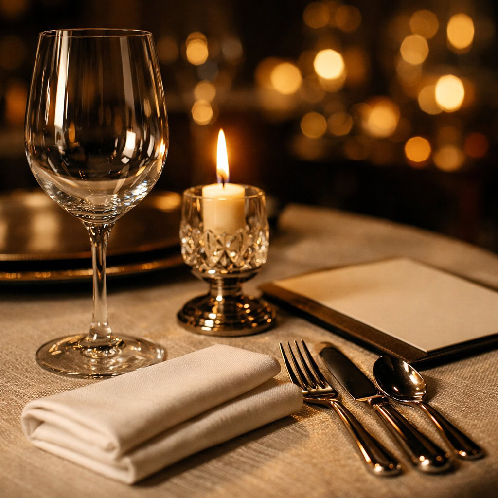 Close de taça de cristal, vela acesa e guardanapo em restaurante de luxo no Rio de Janeiro