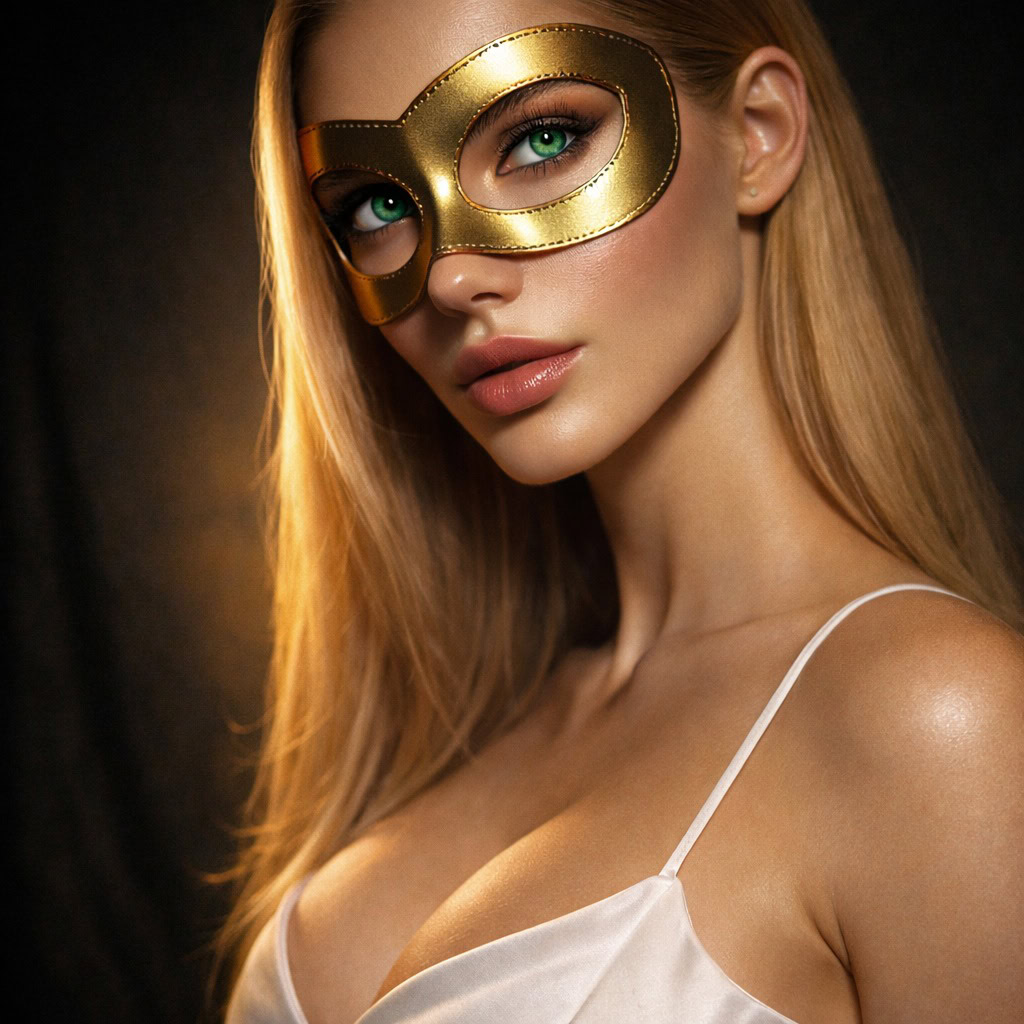 Modelo loira usando máscara dourada, ilustrando como monetizar conteúdo adulto mantendo o anonimato e o mistério.