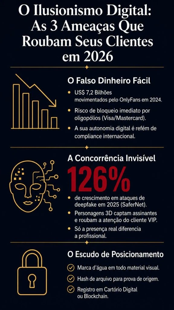 Infográfico com protocolos de proteção de imagem para acompanhantes de luxo: uso de marca d'água, hash de arquivo e registro em blockchain.